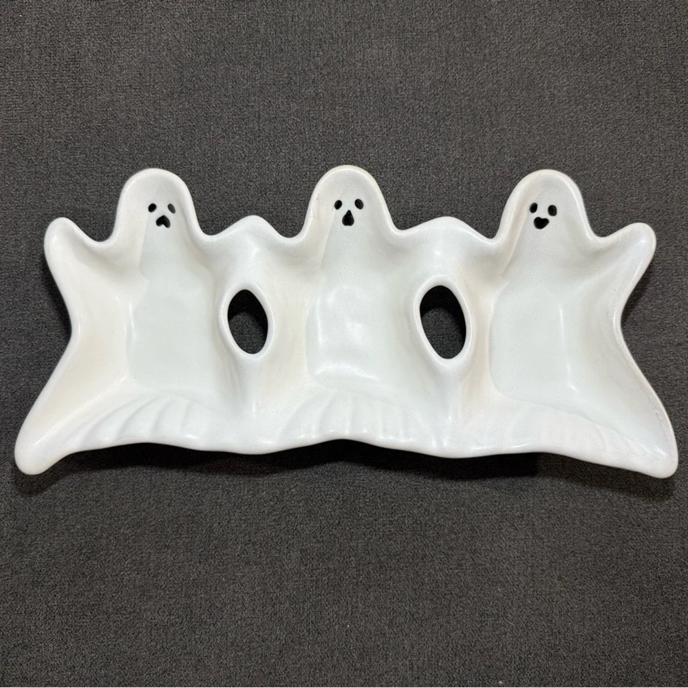 Pottery Barn Figural Ghost Stoneware Triple Condiment Server